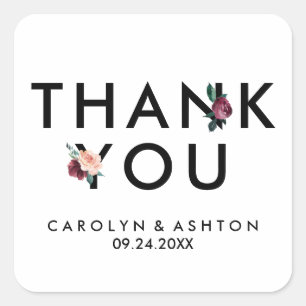 Flower Lettering   Maroon Thank You Wedding Favour Square Sticker