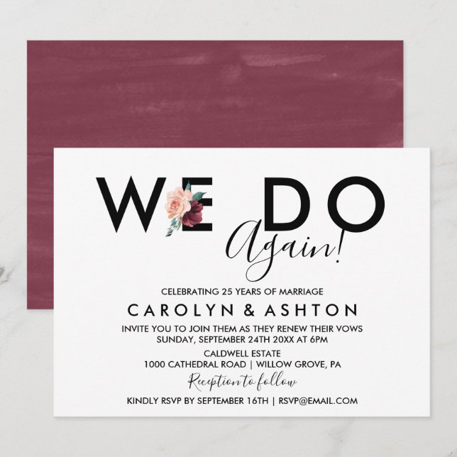 Flower Lettering | Maroon Vow Renewal Invitation (Front/Back)