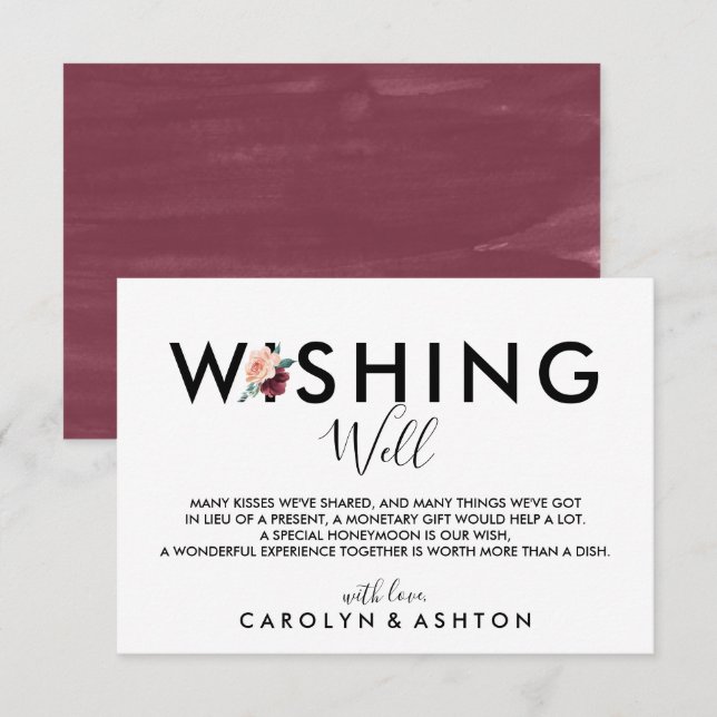 Flower Lettering | Maroon Wedding Wishing Well Enclosure Card (Front/Back)
