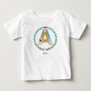 Flower Letters Initial "A" with Personalised name Baby T-Shirt