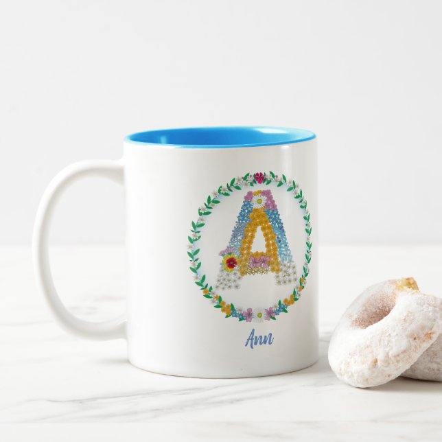 Flower Letters Initial "A" with Personalised name Two-Tone Coffee Mug (With Donut)