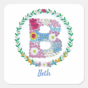 Flower Letters Initial "B" with Personalised name Square Sticker