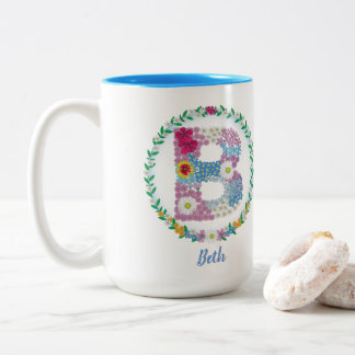 Flower Letters Initial "B" with Personalised name Two-Tone Coffee Mug