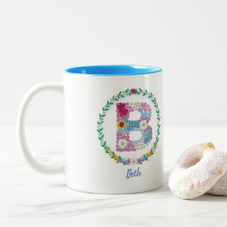 Flower Letters Initial "B" with Personalised name Two-Tone Coffee Mug