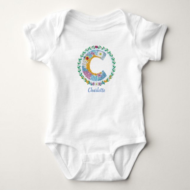 Flower Letters Initial "C" with Personalised name Baby Bodysuit (Front)