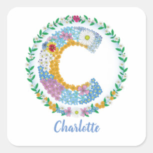 Flower Letters Initial "C" with Personalised name Square Sticker