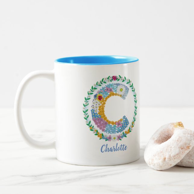 Flower Letters Initial "C" with Personalised name Two-Tone Coffee Mug (With Donut)