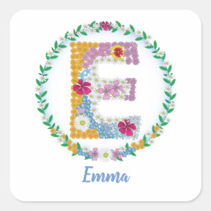Flower Letters Initial "E" with Personalised name Square Sticker