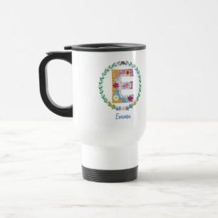 Flower Letters Initial "E" with Personalised name Travel Mug
