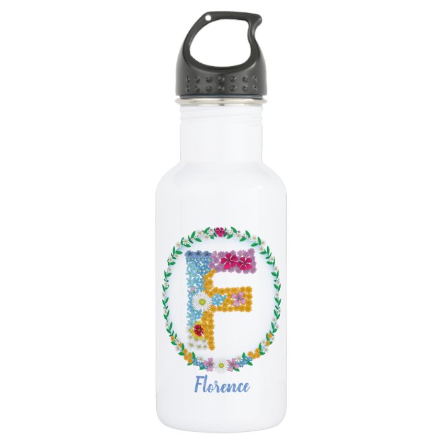 Flower Letters Initial "F" with Personalised name 532 Ml Water Bottle (Front)