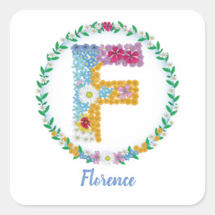 Flower Letters Initial "F" with Personalised name Square Sticker