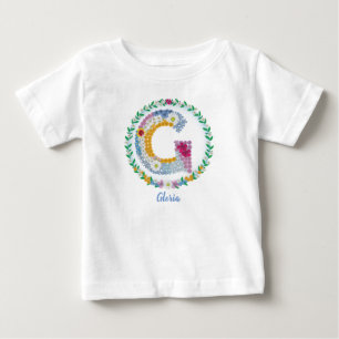 Flower Letters Initial "G" with Personalised name Baby T-Shirt