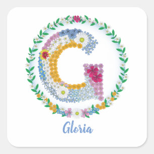 Flower Letters Initial "G" with Personalised name Square Sticker
