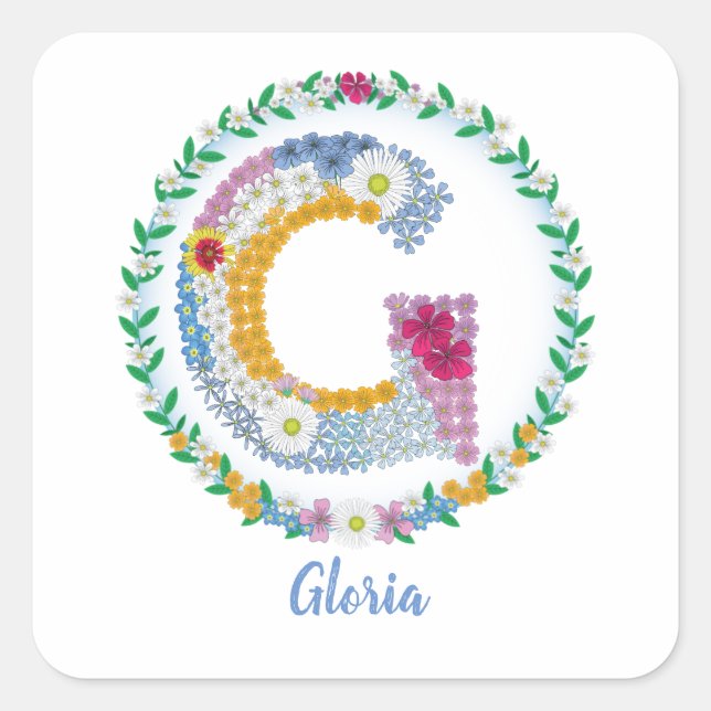 Flower Letters Initial "G" with Personalised name Square Sticker (Front)