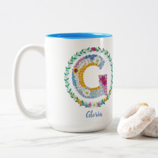 Flower Letters Initial "G" with Personalised name Two-Tone Coffee Mug