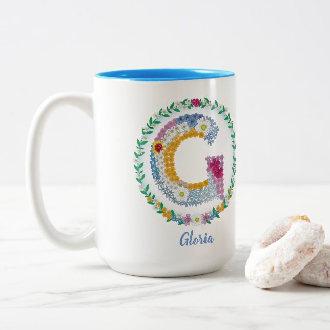 Flower Letters Initial "G" with Personalised name Two-Tone Coffee Mug (With Donut)