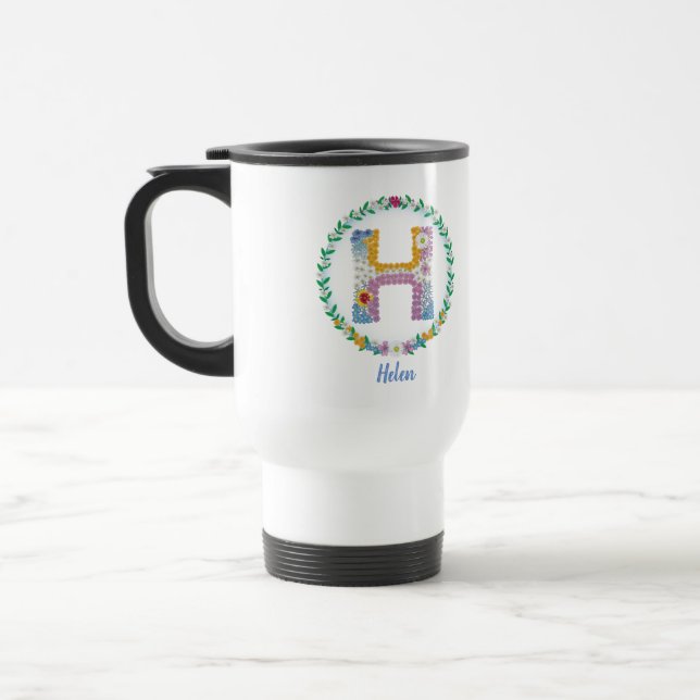 Flower Letters Initial "H" with Personalised name Travel Mug (Left)