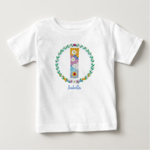 Flower Letters Initial "I" with Personalised name Baby T-Shirt