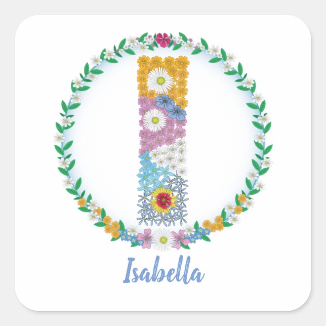 Flower Letters Initial "I" with Personalised name Square Sticker (Front)
