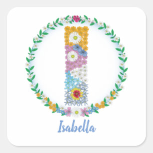 Flower Letters Initial "I" with Personalised name Square Sticker
