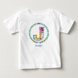 Flower Letters Initial "J" with Personalised name Baby T-Shirt