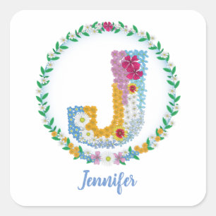 Flower Letters Initial "J" with Personalised name Square Sticker