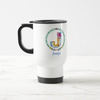 Flower Letters Initial "J" with Personalised name Travel Mug