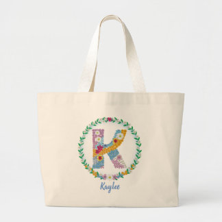 Flower Letters Initial "K" with Personalised name Large Tote Bag