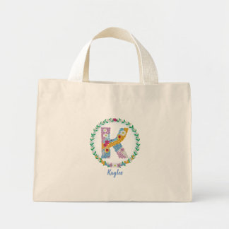 Flower Letters Initial "K" with Personalised name  Mini Tote Bag