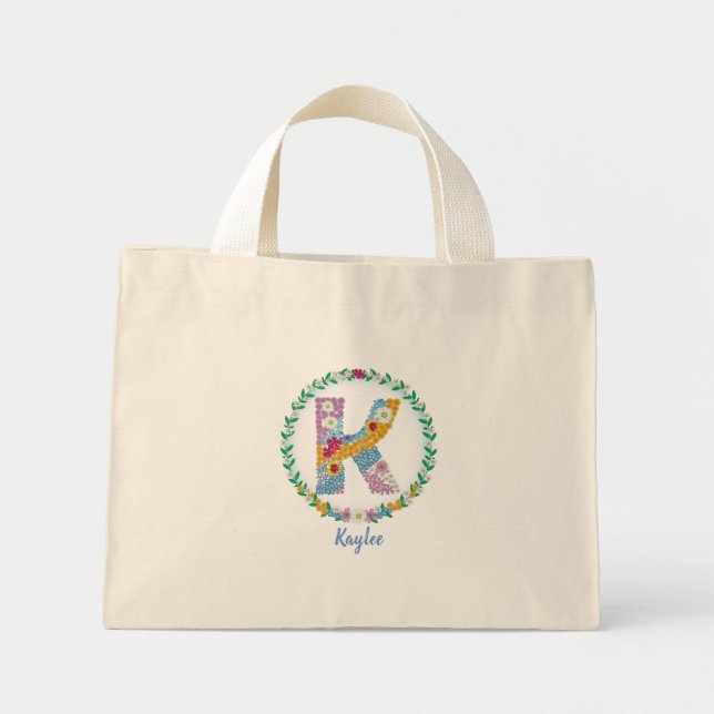 Flower Letters Initial "K" with Personalised name  Mini Tote Bag (Front)