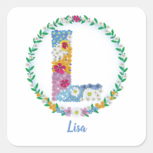 Flower Letters Initial "L" with Personalised name Square Sticker