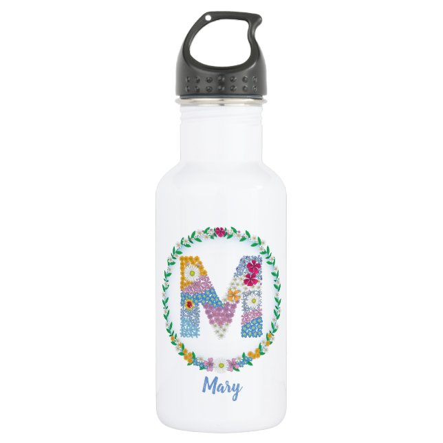 Flower Letters Initial "M" with Personalised name 532 Ml Water Bottle (Front)