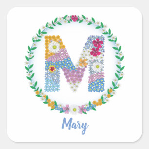 Flower Letters Initial "M" with Personalised name Square Sticker