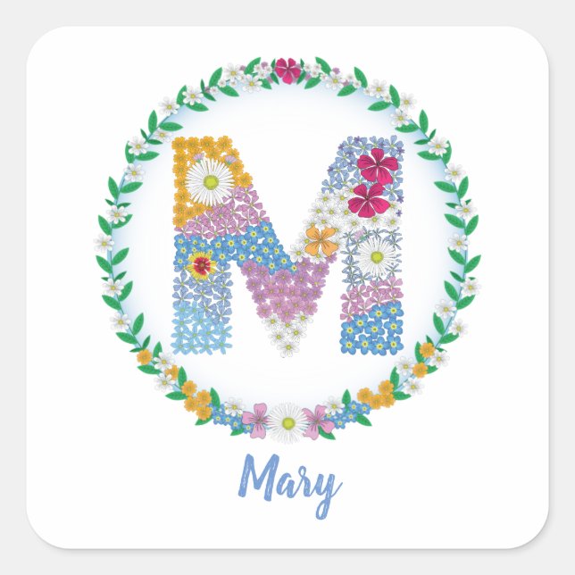 Flower Letters Initial "M" with Personalised name Square Sticker (Front)