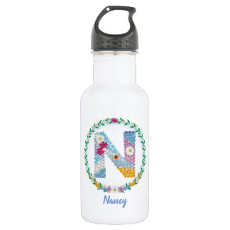 Flower Letters Initial "N" with Personalised name 532 Ml Water Bottle
