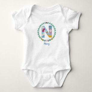 Flower Letters Initial "N" with Personalised name Baby Bodysuit