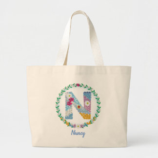 Flower Letters Initial "N" with Personalised name  Large Tote Bag
