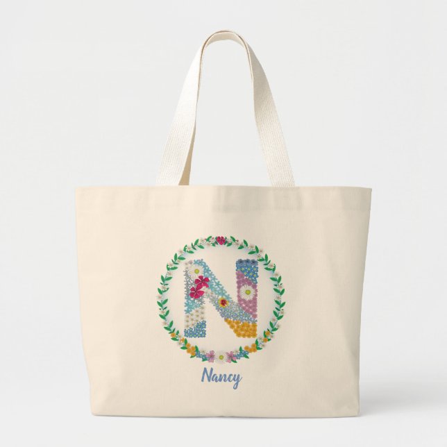 Flower Letters Initial "N" with Personalised name  Large Tote Bag (Front)
