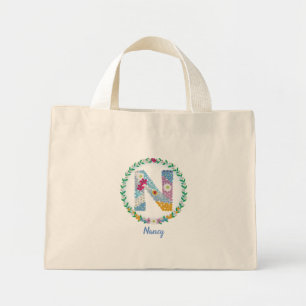 Flower Letters Initial "N" with Personalised name Mini Tote Bag
