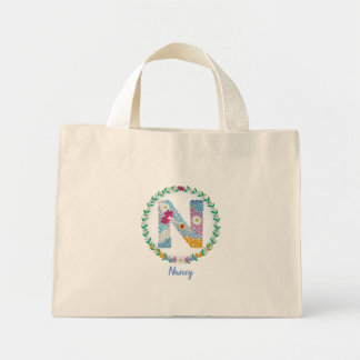Flower Letters Initial "N" with Personalised name Mini Tote Bag
