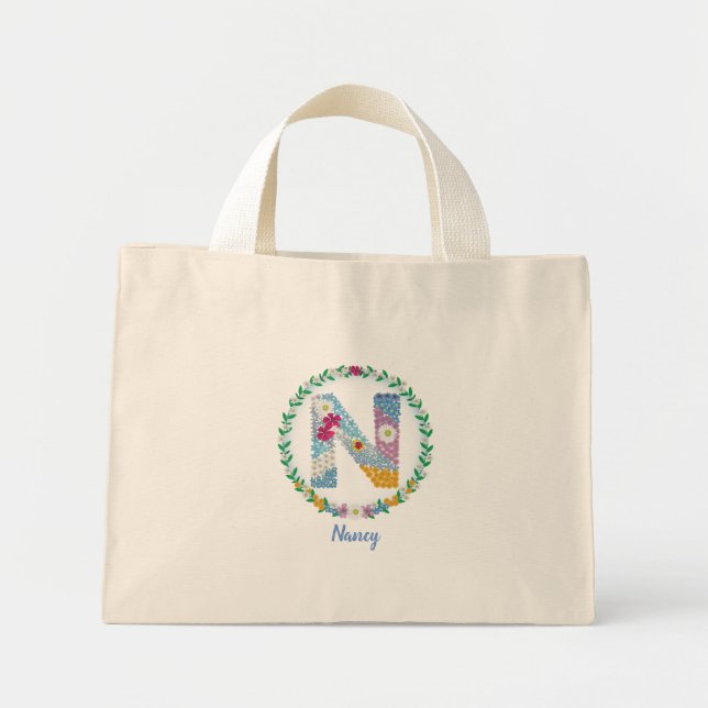 Flower Letters Initial "N" with Personalised name Mini Tote Bag (Front)