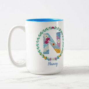 Flower Letters Initial "N" with Personalised name Two-Tone Coffee Mug