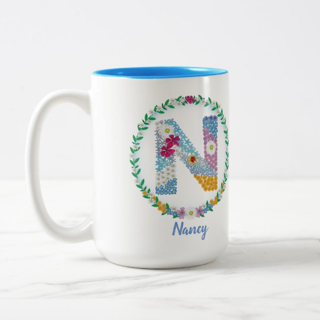 Flower Letters Initial "N" with Personalised name Two-Tone Coffee Mug (Left)