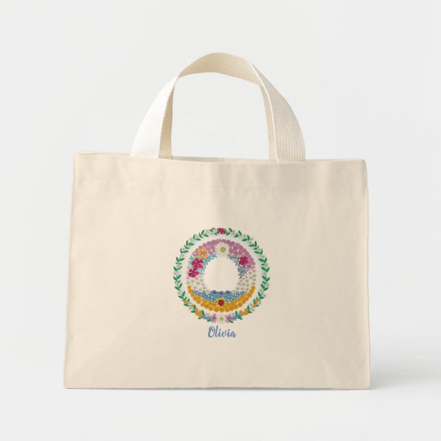 Flower Letters Initial "O" with Personalised name Mini Tote Bag (Front)