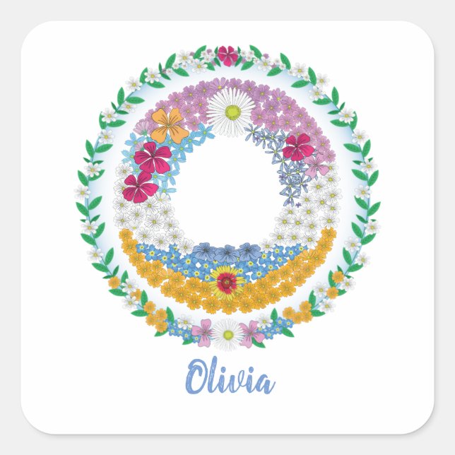 Flower Letters Initial "O" with Personalised name Square Sticker (Front)