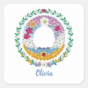 Flower Letters Initial "O" with Personalised name Square Sticker