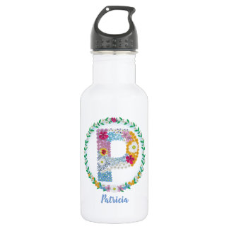 Flower Letters Initial "P" with Personalised name 532 Ml Water Bottle