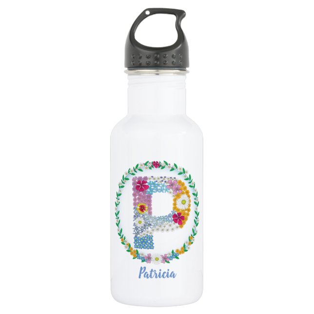 Flower Letters Initial "P" with Personalised name 532 Ml Water Bottle (Front)
