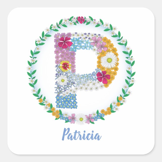 Flower Letters Initial "P" with Personalised name Square Sticker (Front)