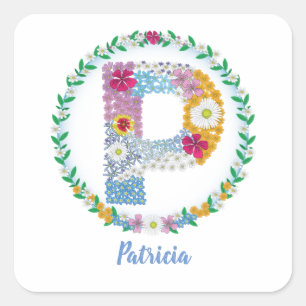 Flower Letters Initial "P" with Personalised name Square Sticker